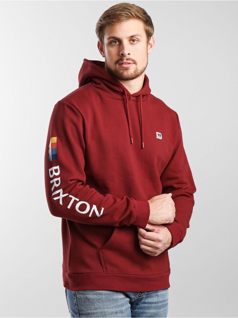 Brixton Men's Deep Red Hooded Sweatshirt with Sleeve Logo